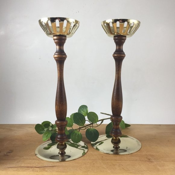 Unknown Other - Retro Turned Wood and Metal Pair Candle Holders Votive Tall